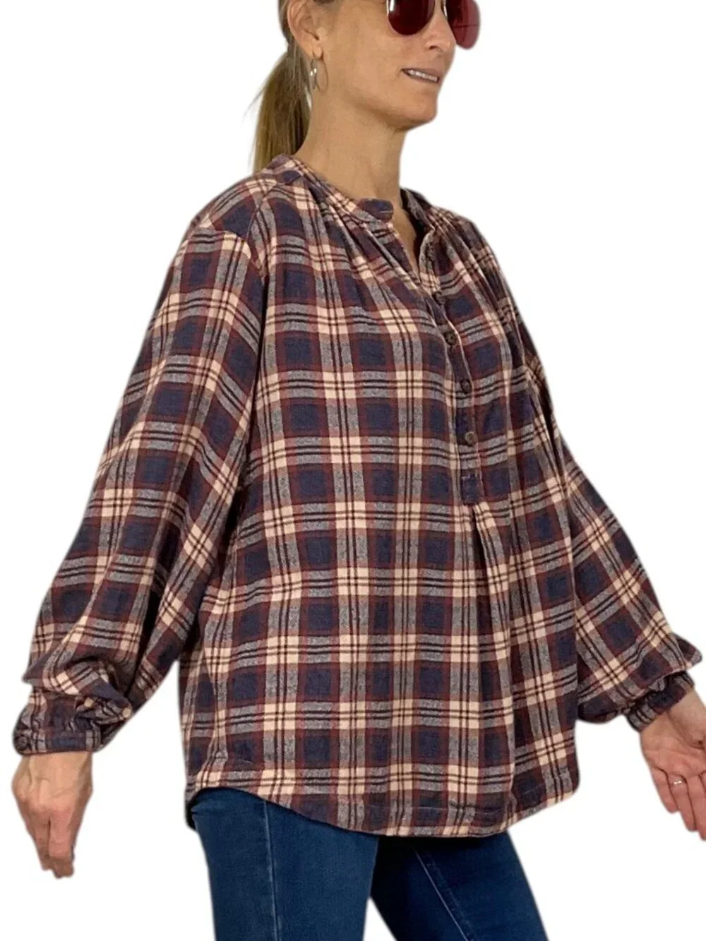 Free People Northern Bound Pullover Top Shirt S Plaid Moonlit Combo Wool Blend